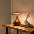Modern Amber Glass Table Lamp on Wood Console Table