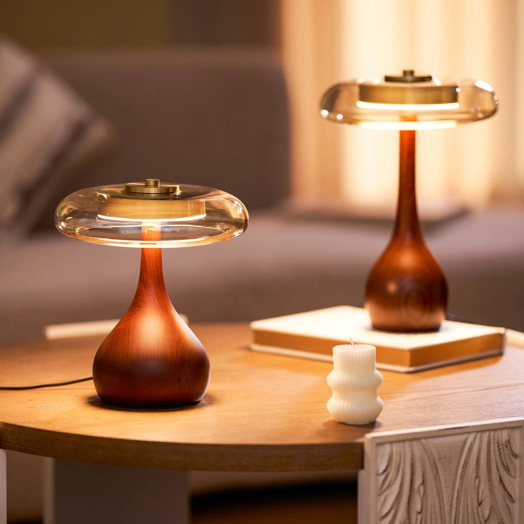 Pair of Modern Amber Glass Mushroom Table Lamps on Coffee Table