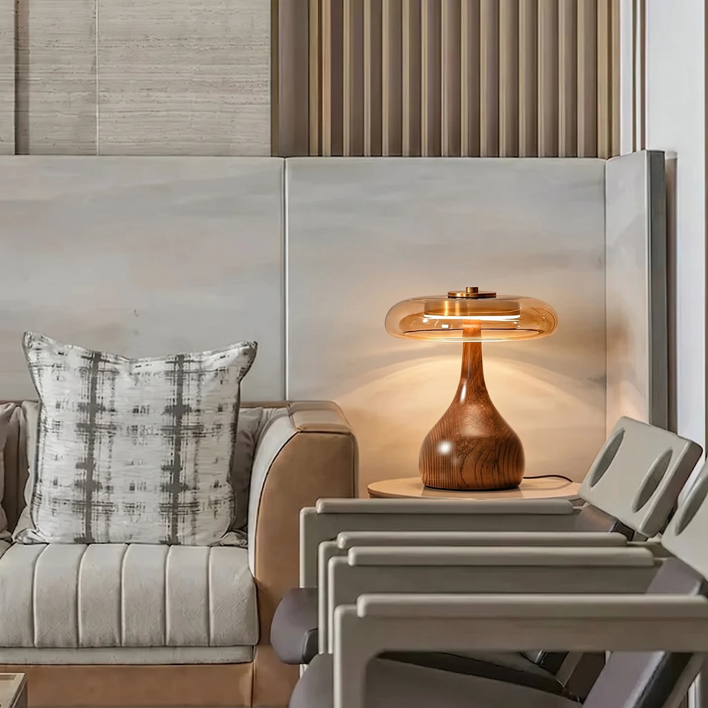 Modern Amber Glass Table Lamp on Living Room Side Table