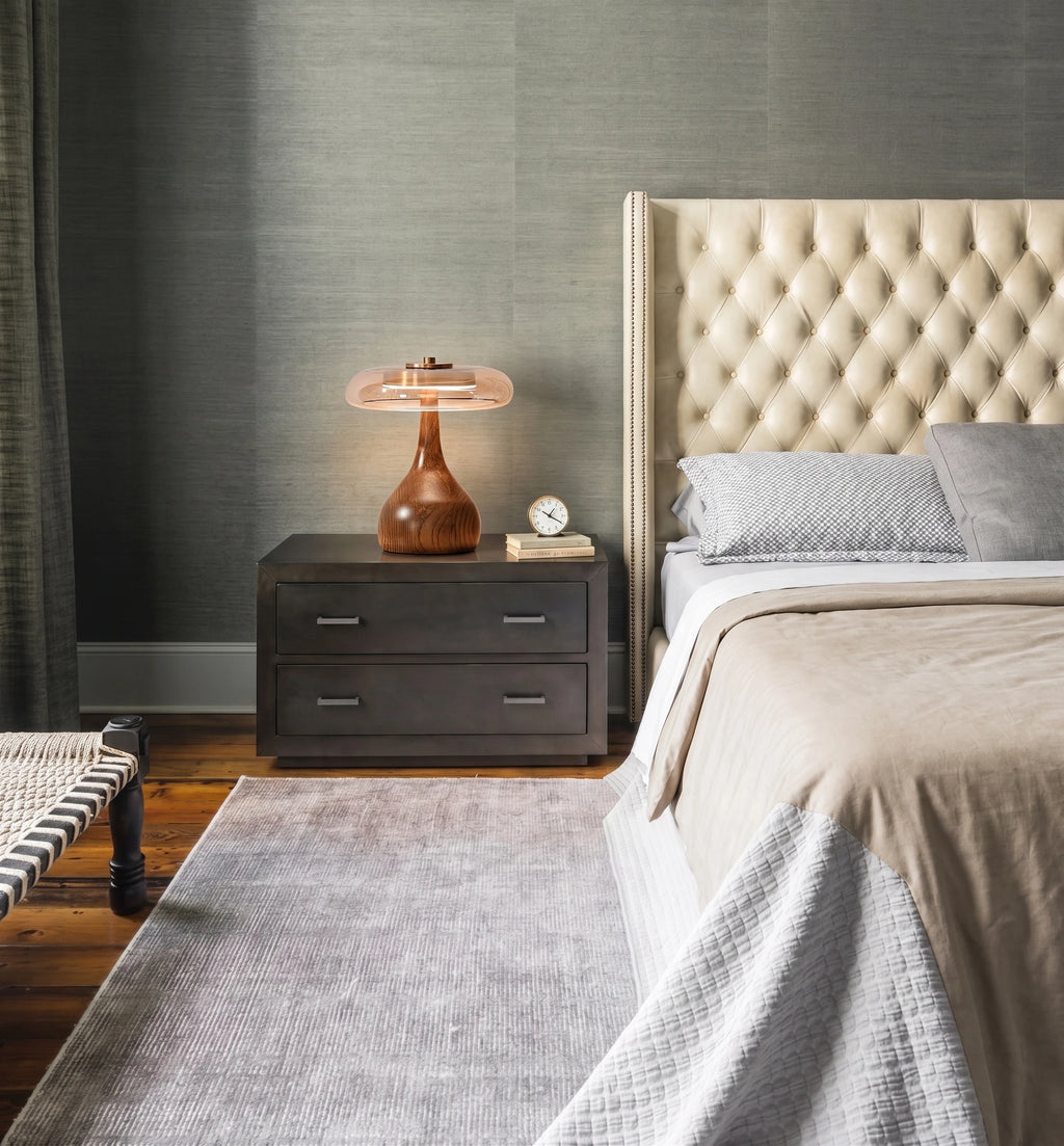 Modern Amber Glass Wood Table Lamp on Bedroom Nightstand