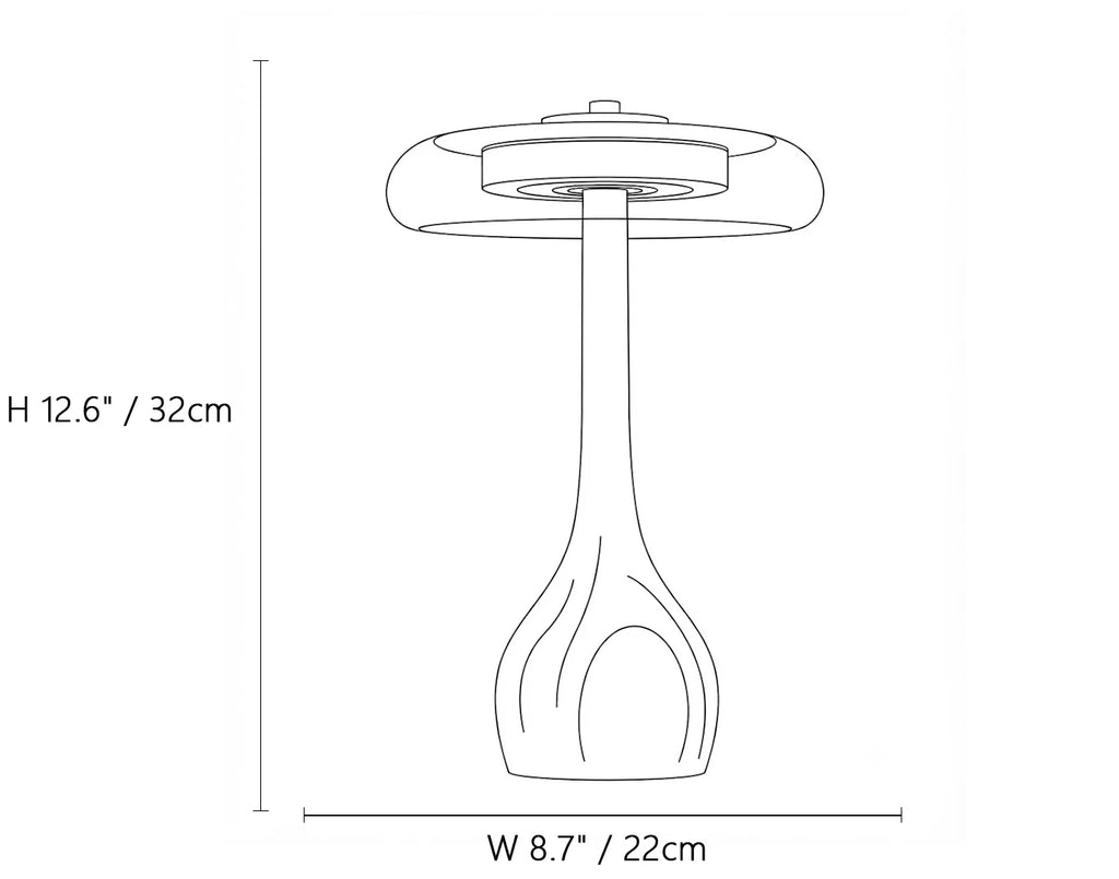 Modern Amber Glass and Wood Mushroom Accent Table Lamp Line Art Dimension Diagram