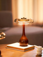 Modern Amber Glass Wood Table Lamp with Books on Table