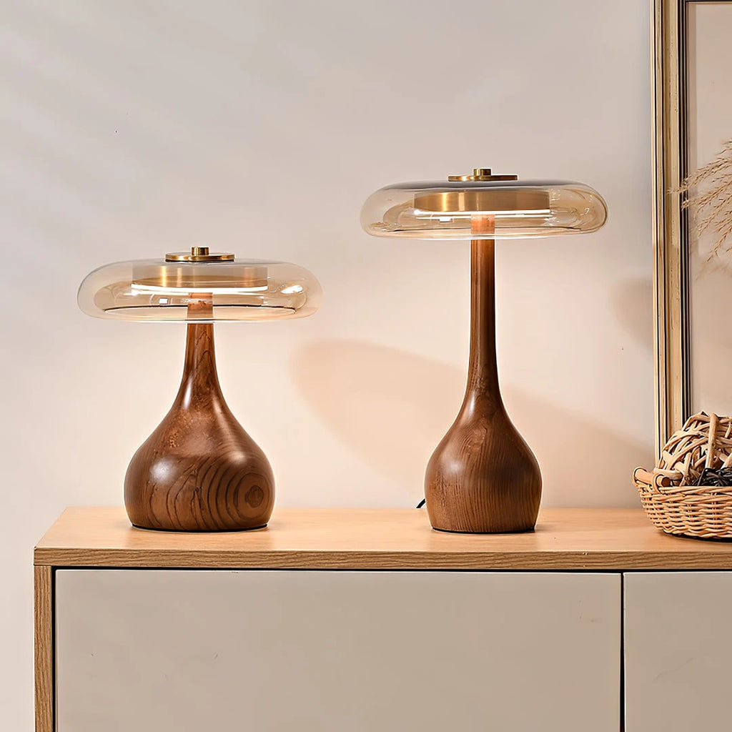 Collection of Modern Amber Glass Mushroom Table Lamps Studio Display