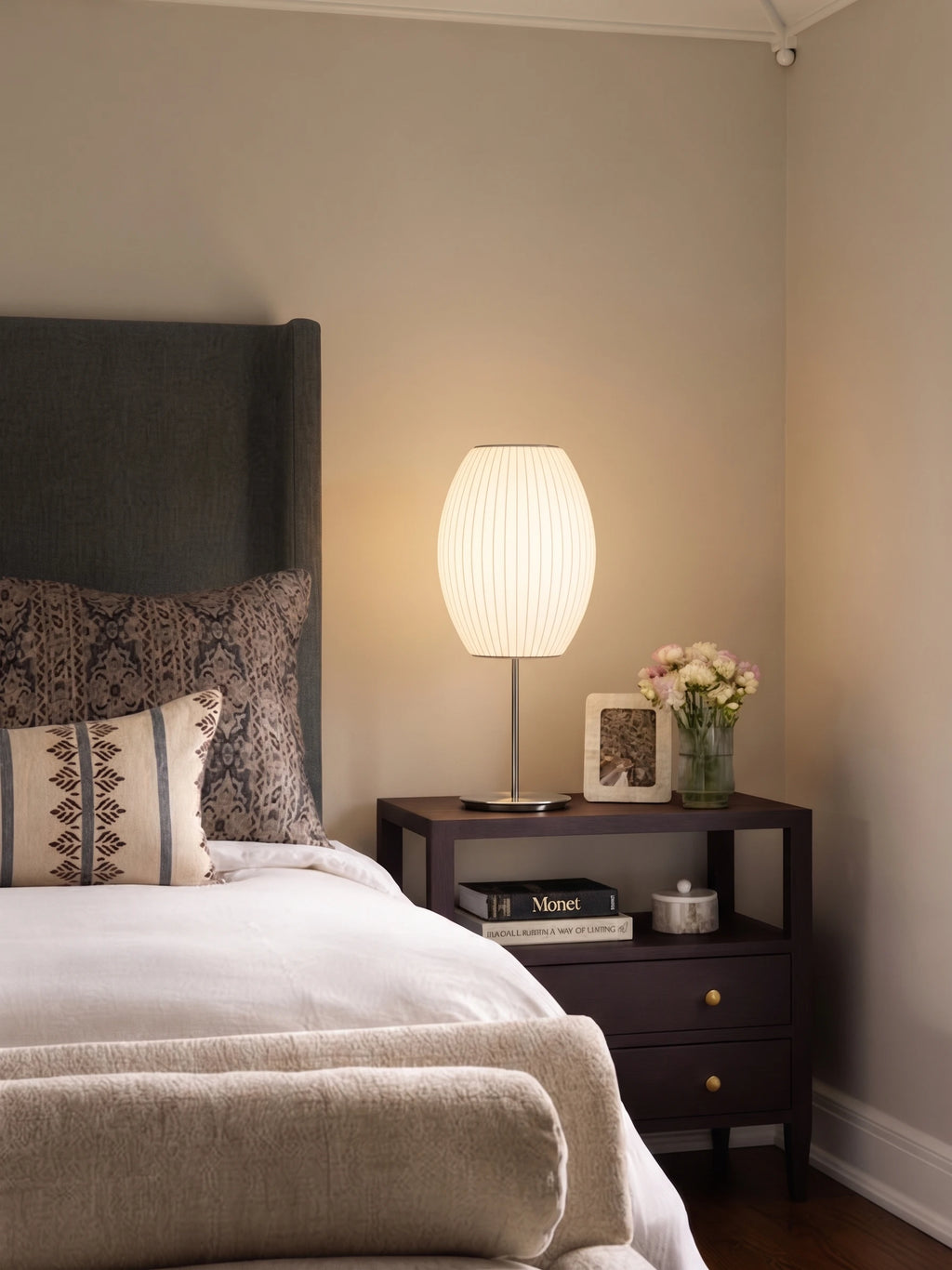 Modern Pleated Shade Table Lamp on Bedroom Nightstand