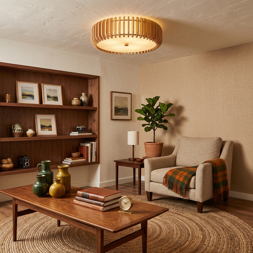 Slatted Wood Drum Flush Mount