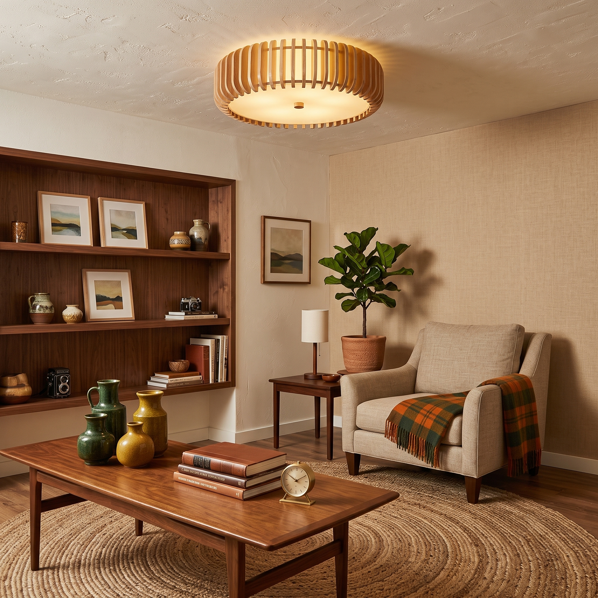 Slatted Wood Drum Flush Mount