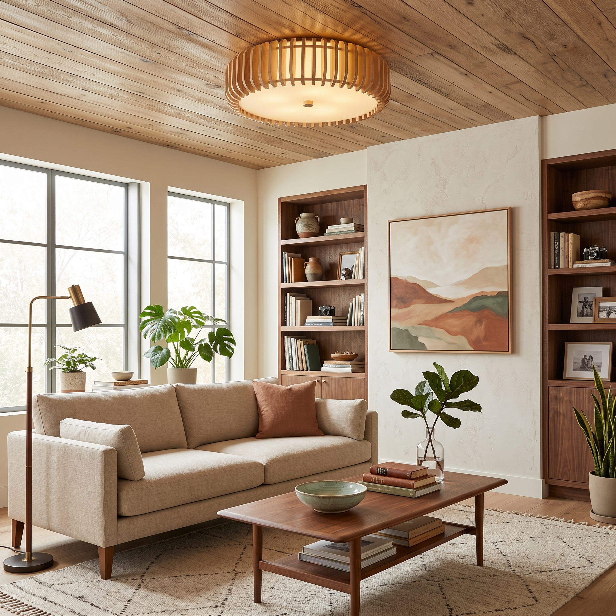 Slatted Wood Drum Flush Mount