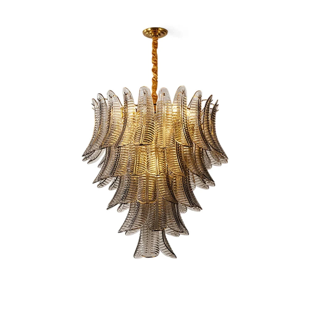 Modern Brass and Smoke Grey Feather Art Glass Chandelier with Gold Canopy on Pure White Background
