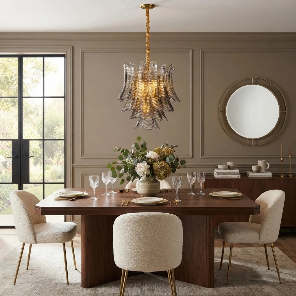 Modern Smoke Grey Feather Chandelier in Contemporary Dining Area