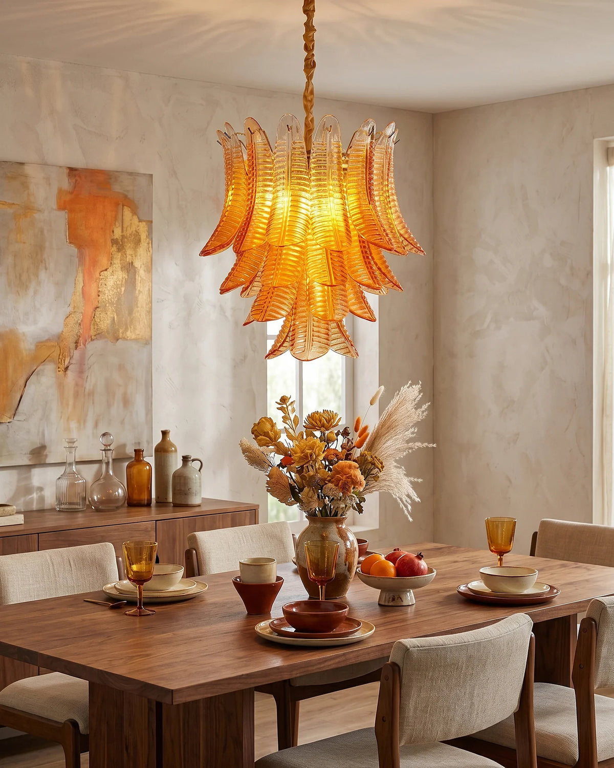 Modern Amber Feather Art Glass Chandelier in Warm Dining Room