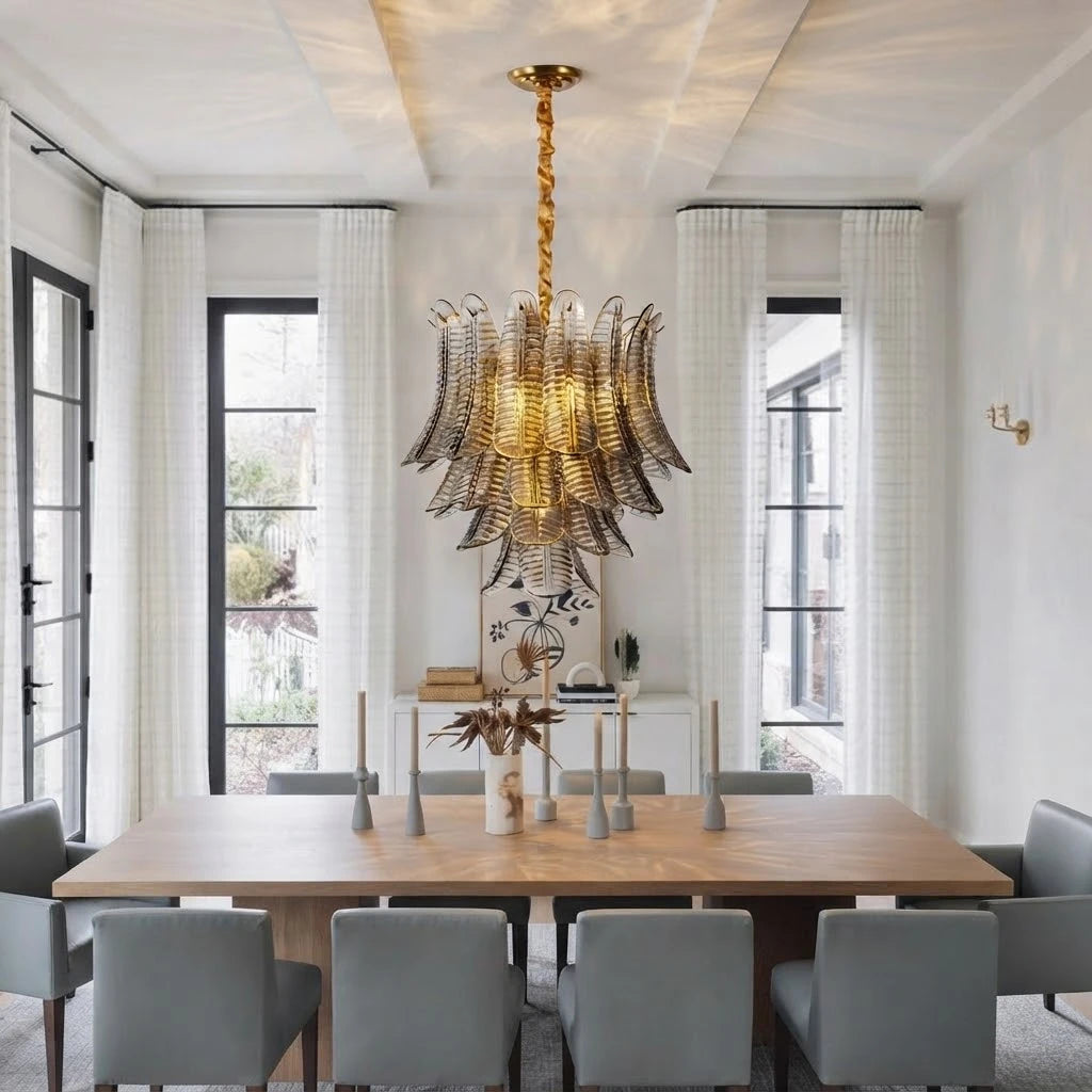 Modern Smoke Grey Feather Chandelier in Open Plan Dining Room