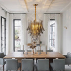Modern Smoke Grey Feather Chandelier in Open Plan Dining Room
