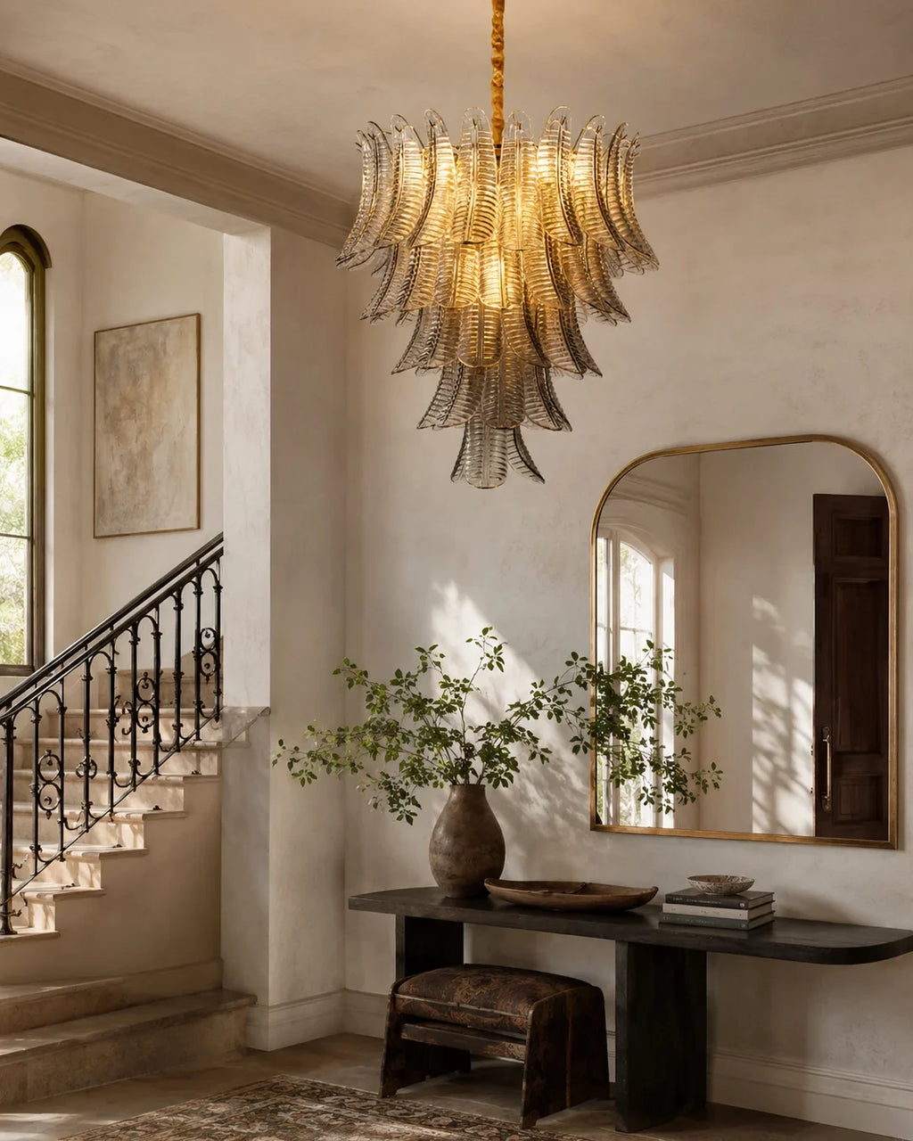 Modern Brass Feather Art Glass Chandelier in Grand Foyer