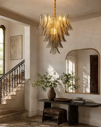 Modern Brass Feather Art Glass Chandelier in Grand Foyer