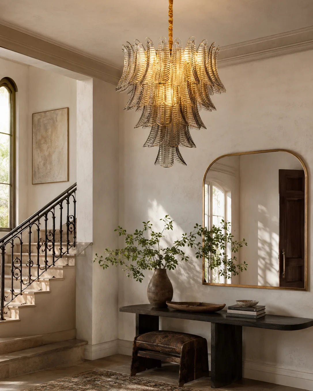 Modern Brass Feather Art Glass Chandelier in Grand Foyer