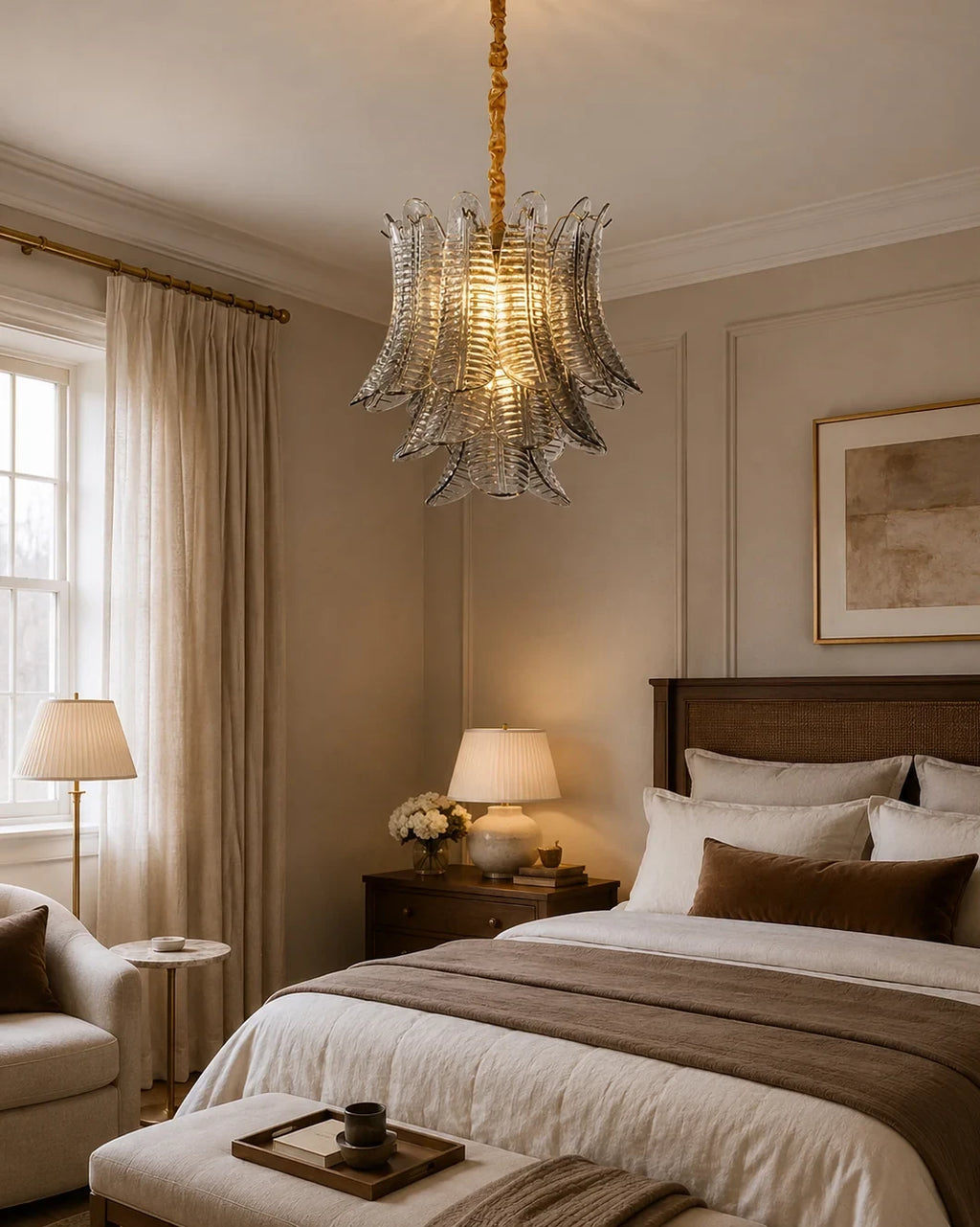 Modern Smoke Grey Feather Chandelier in Master Bedroom Setting