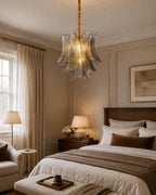 Modern Smoke Grey Feather Chandelier in Master Bedroom Setting