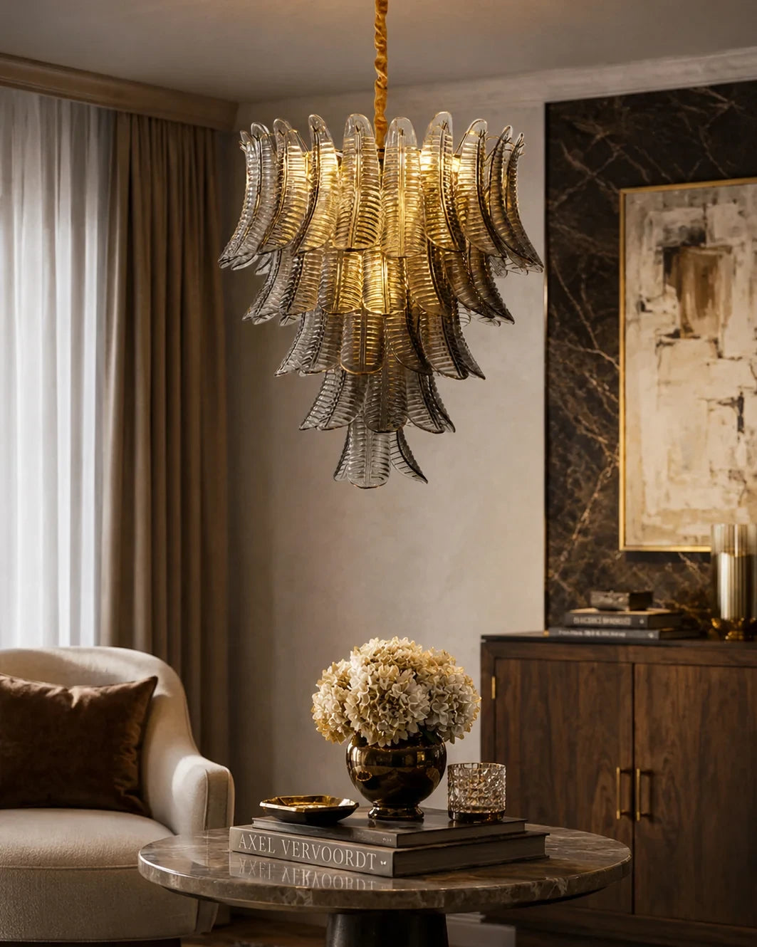 Modern Feather Art Glass Chandelier in Cozy Sitting Room