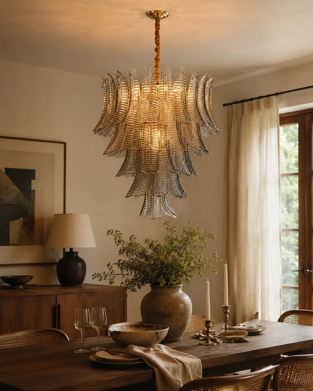 Modern Brass Feather Art Glass Chandelier in Stylish Dining Space