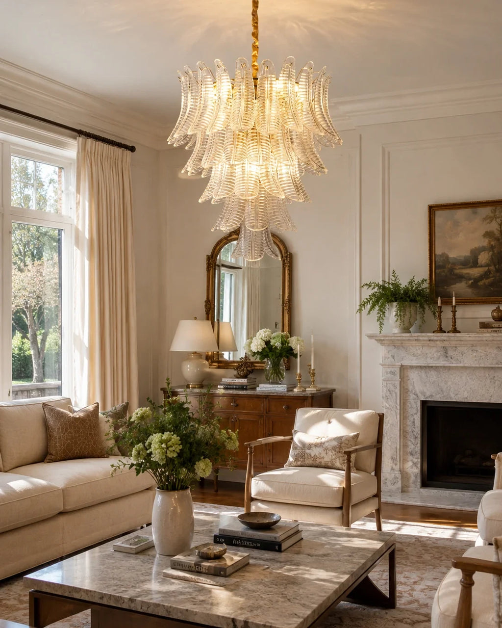 Modern Feather Art Glass Chandelier in Classic Living Room