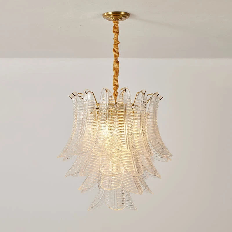 Illuminated Modern Gold Feather Art Glass Chandelier Studio Display