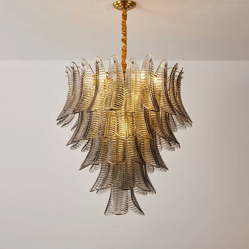 Illuminated Modern Brass & Smoke Grey Feather Chandelier Studio Display