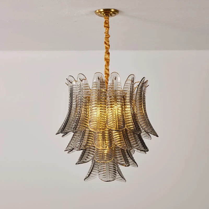 Illuminated Modern Large Smoke Grey Feather Chandelier Studio Shot