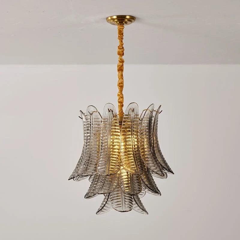 Illuminated Modern Smoke Grey Feather Art Glass Chandelier Studio Display