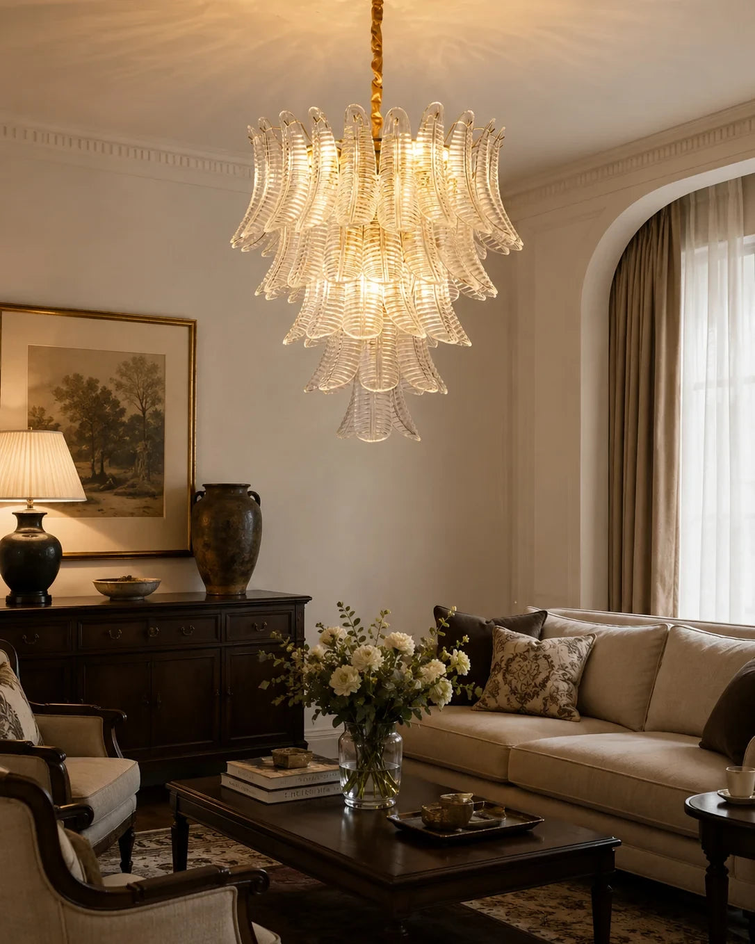 Modern Feather Art Glass Chandelier in Elegant Living Room