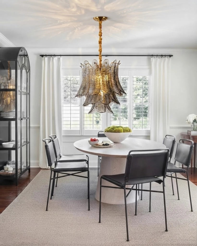 Modern Smoke Grey Feather Chandelier in Formal Dining Room