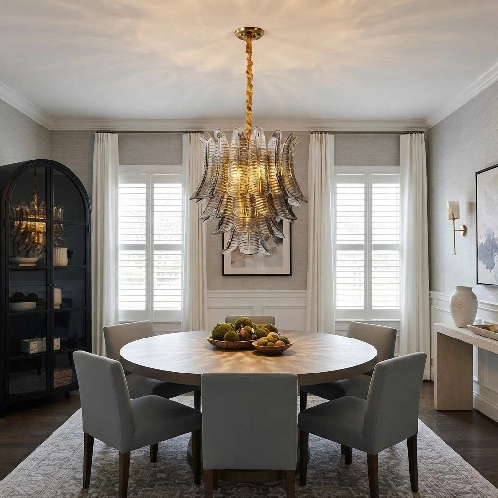 Modern Brass Feather Art Glass Chandelier in Luxury Dining Space