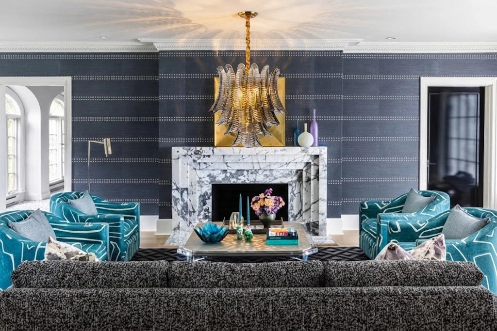 Modern Smoke Grey Feather Chandelier in Luxury Living Room