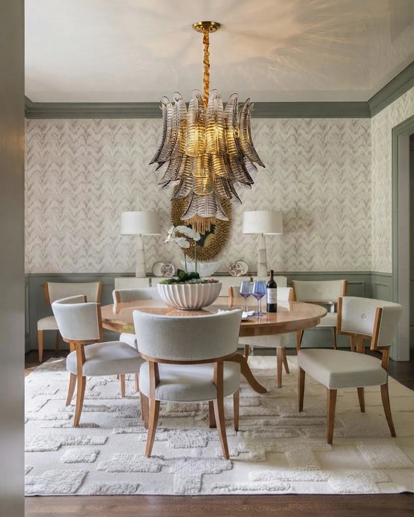 Modern Feather Art Glass Chandelier Over Round Dining Table