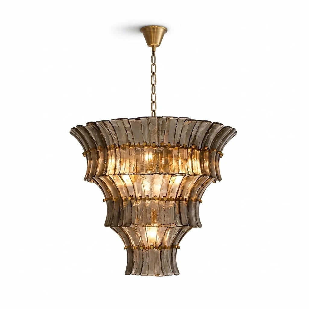 Modern Multi-Tier Tiered Art Glass Chandelier with Brass Canopy on Pure White Background