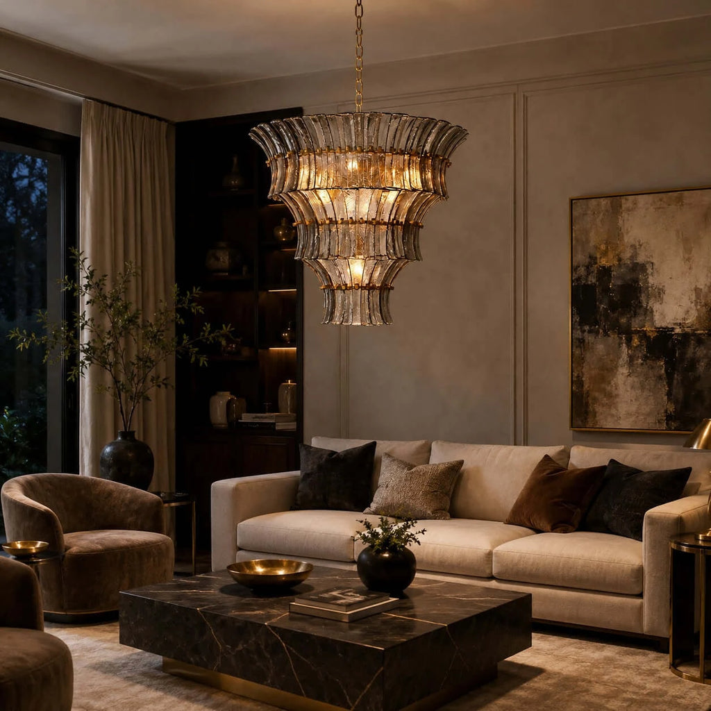 Modern Tiered Art Glass Chandelier in Luxury Living Room
