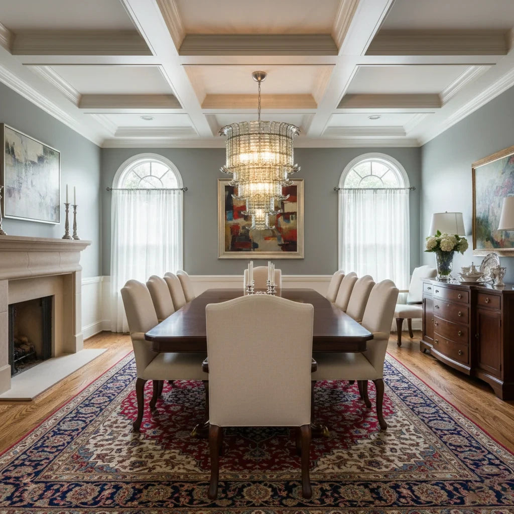 Modern Tiered Crystal Glass Chandelier in Formal Dining Room