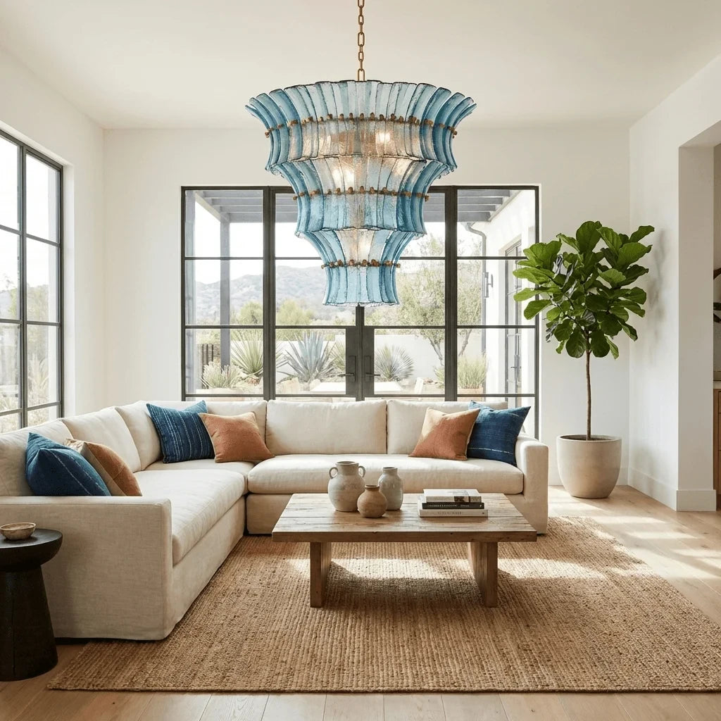 Modern Tiered Art Glass Chandelier in Stylish Living Room
