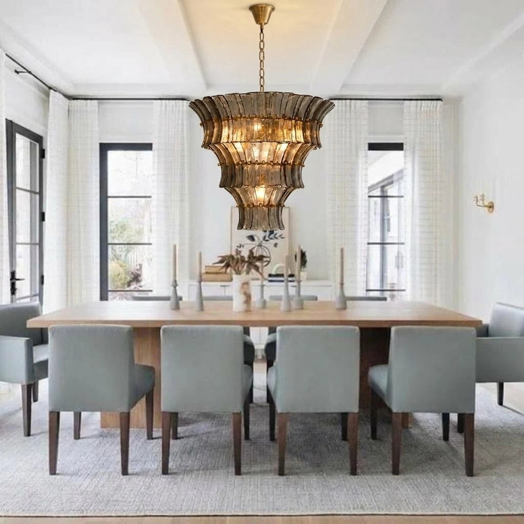 Modern Multi-Tier Art Glass Chandelier in Open Plan Dining Room