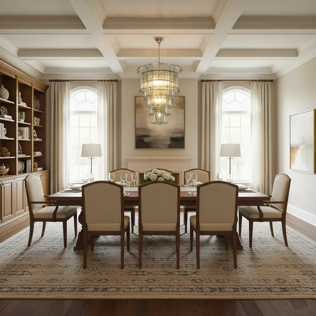 Modern Multi-Tier Crystal Glass Chandelier in Classic Dining Setting