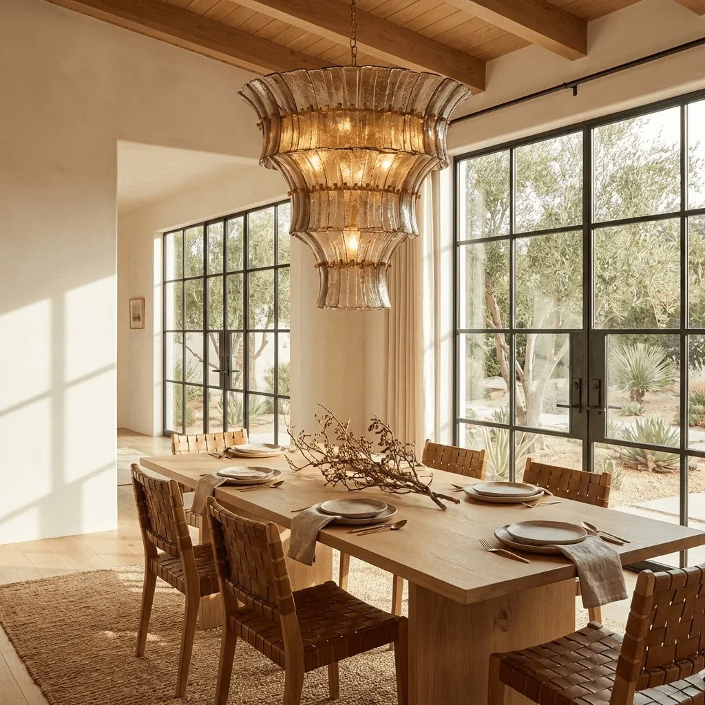 Modern Tiered Art Glass Chandelier Over Dining Table