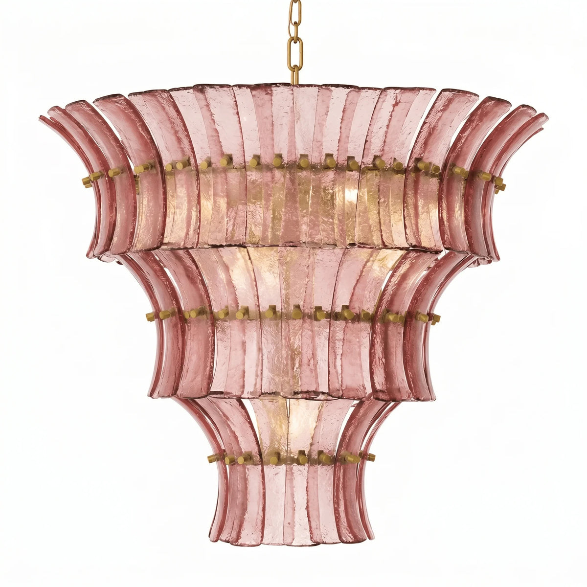 Illuminated Modern Pink Tiered Art Glass Chandelier Studio Shot