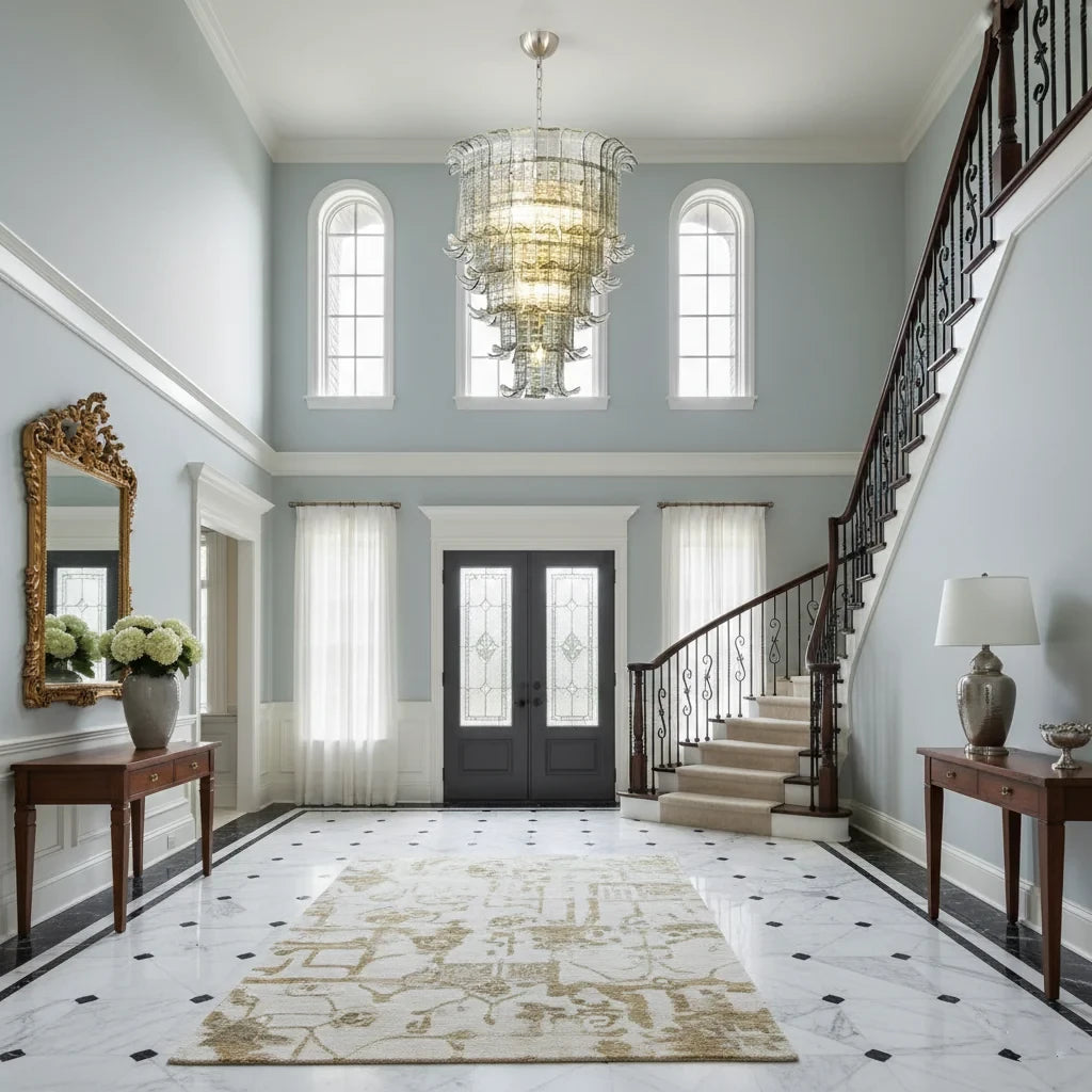 Modern Tiered Crystal Glass Chandelier in Grand Foyer