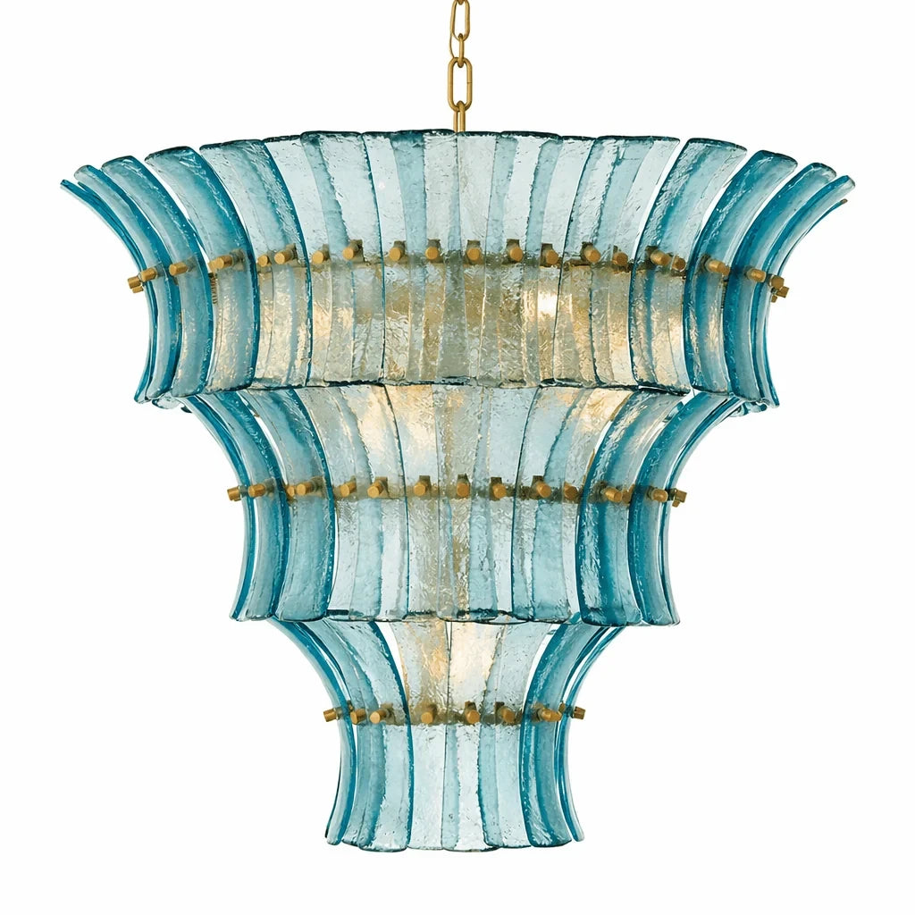 Illuminated Modern Blue Tiered Art Glass Chandelier Studio Display