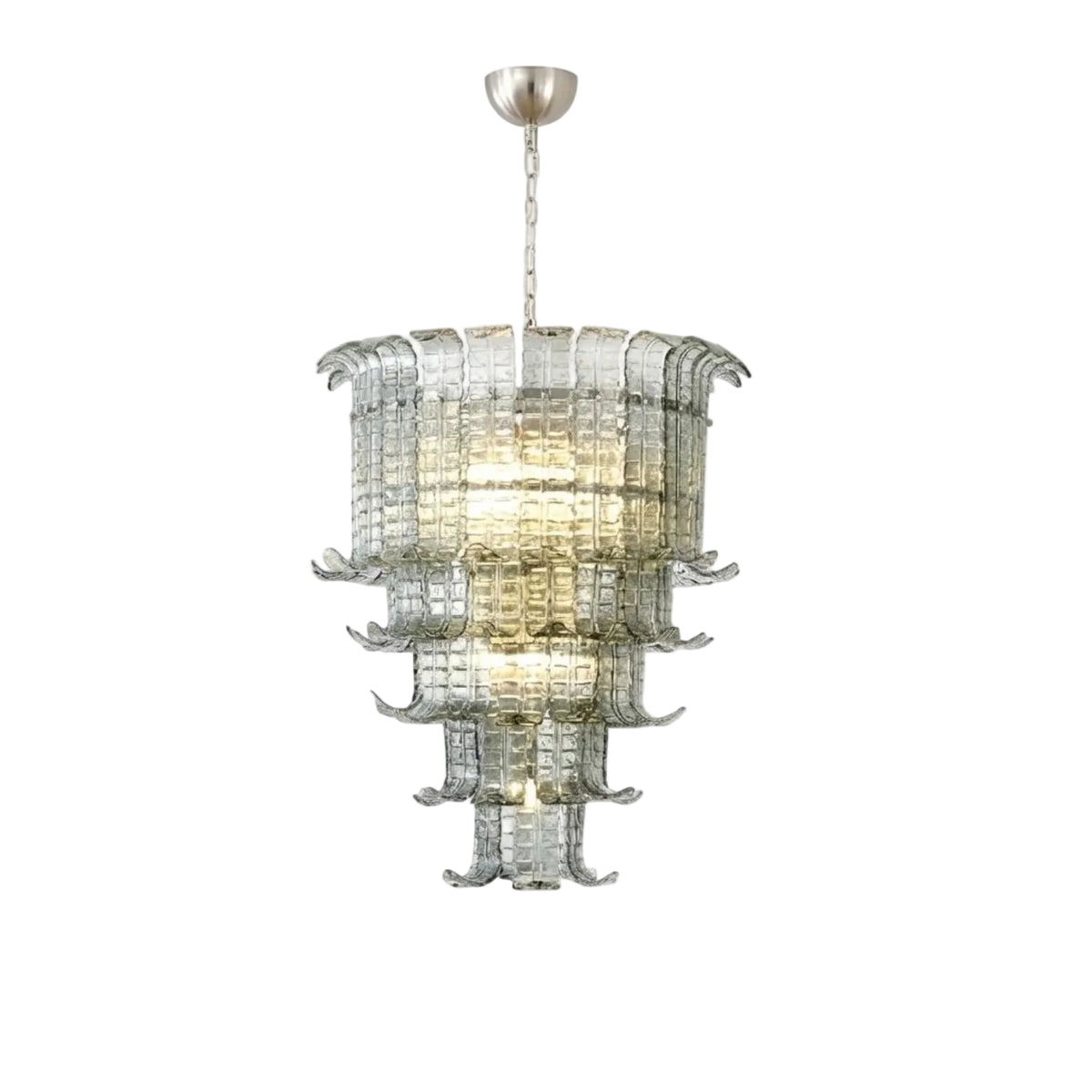 Modern Multi-Tier Tiered Crystal Glass Chandelier with Silver Canopy on Pure White Background