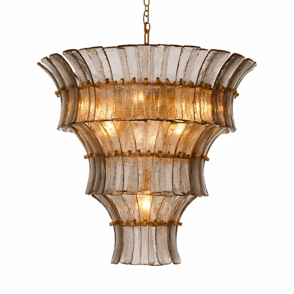 Illuminated Modern Amber Tiered Art Glass Chandelier Studio Shot