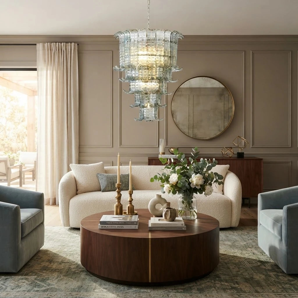 Modern Tiered Crystal Glass Chandelier in Cozy Living Room
