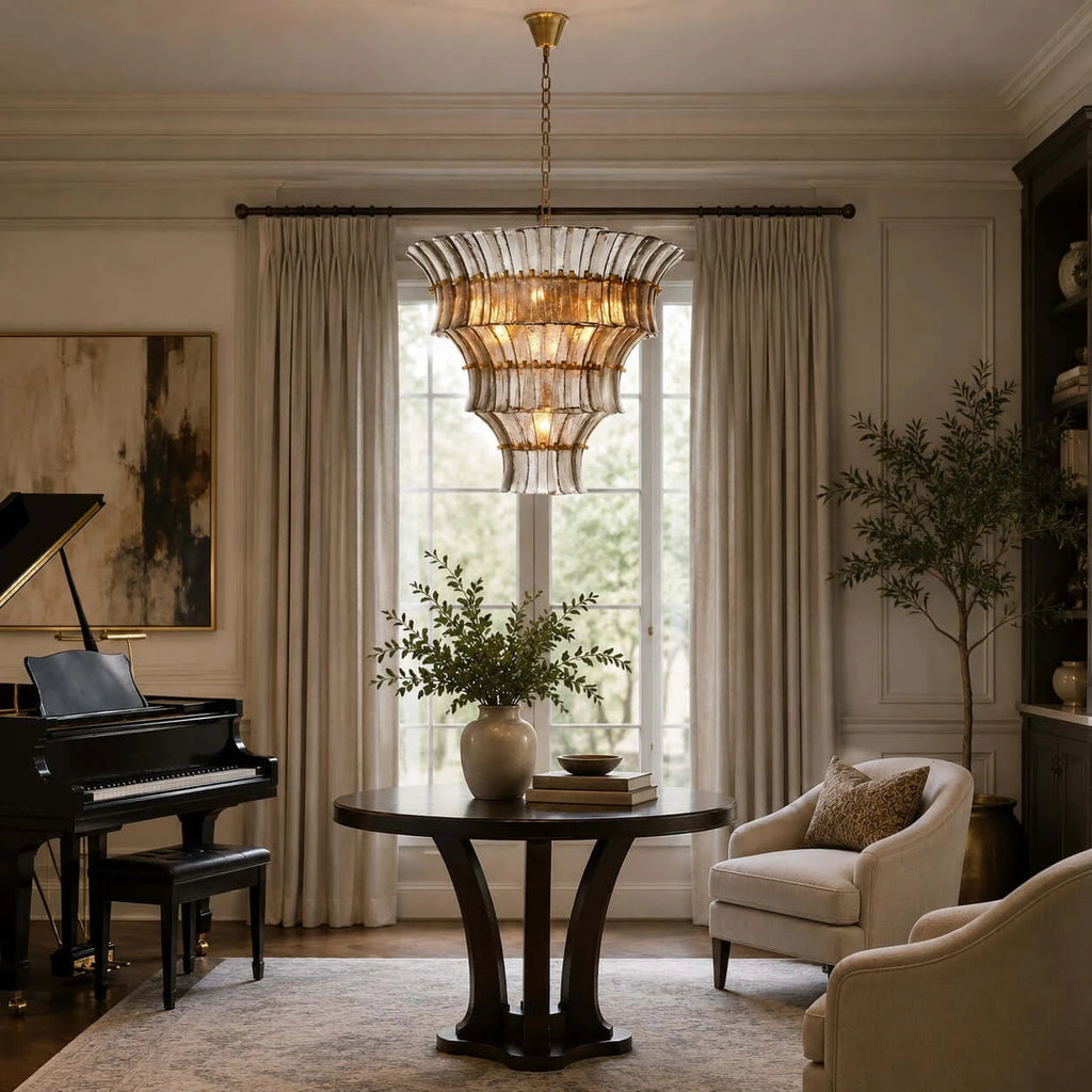 Modern Multi-Tier Art Glass Chandelier in Formal Living Space