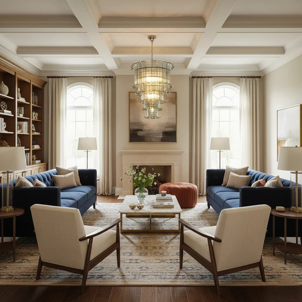 Modern Multi-Tier Crystal Chandelier in Luxury Living Space