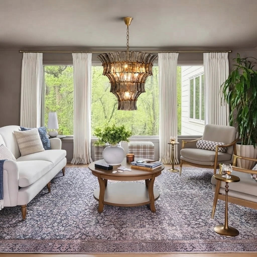 Modern Tiered Art Glass Chandelier in Cozy Living Room