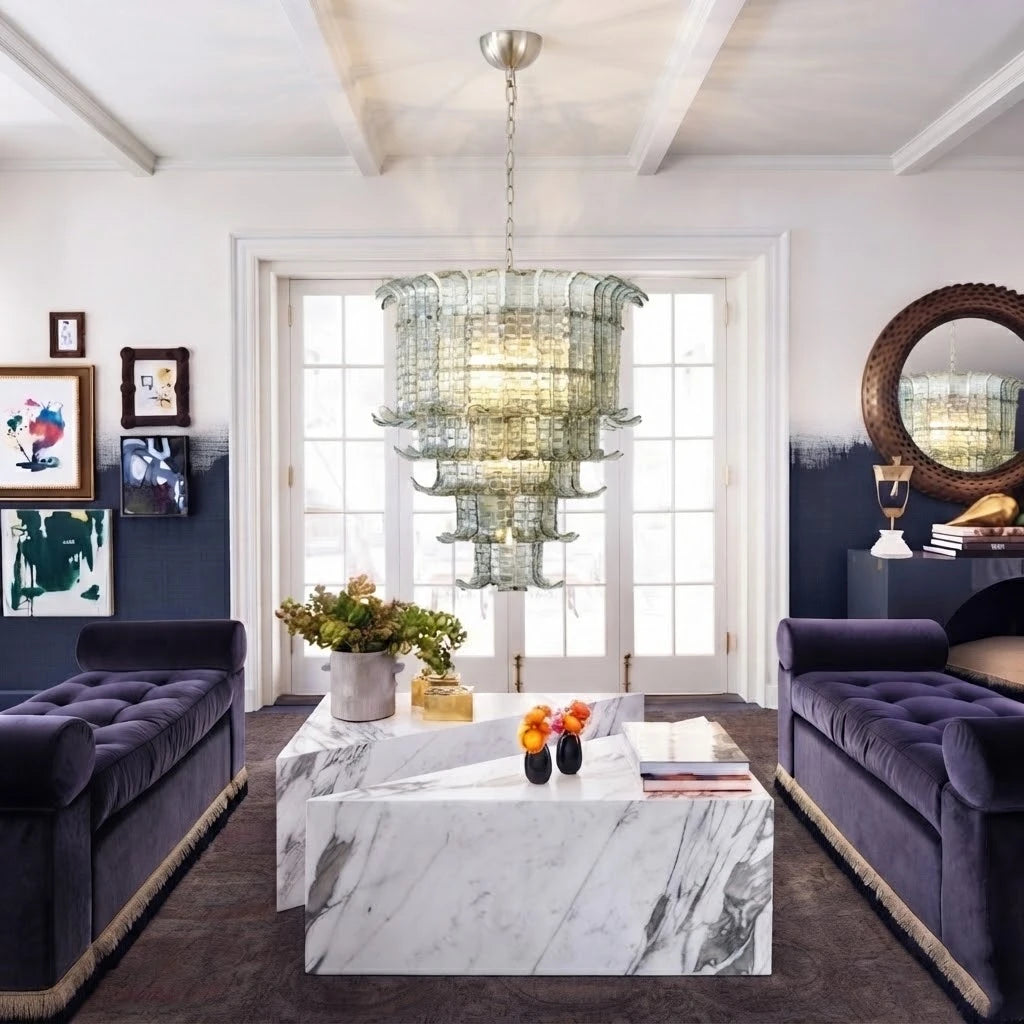 Modern Multi-Tier Crystal Glass Chandelier in Contemporary Living Room